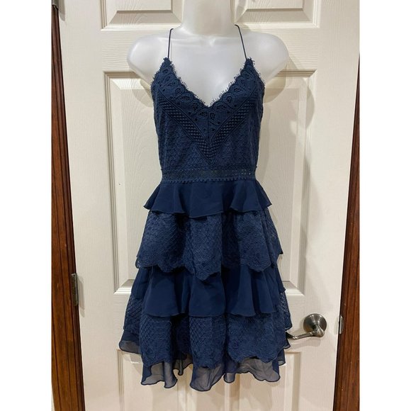 Twosisters Navy Lace & Chiffon Tiered Ruffle Mini Dress With Strappy Back Design - Picture 2 of 12